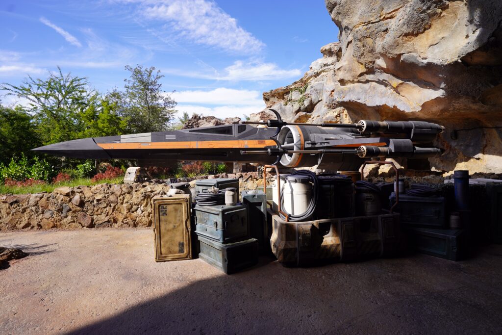 An X-Wing fighter plane in one of the scenes in Rise of the Resistance the newest headliner attraction featuring Star Wars at Disney Hollywood Studios.