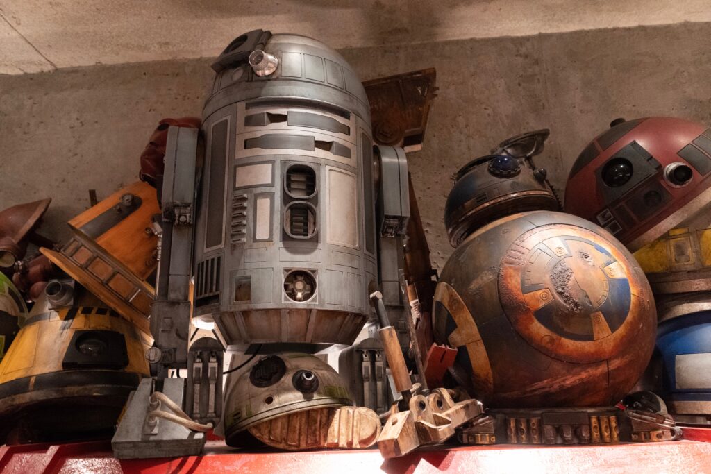 View of droids inside Droid Depot in Galaxy's Edge --the main land featuring Star Wars at Disney Hollywood Studios.