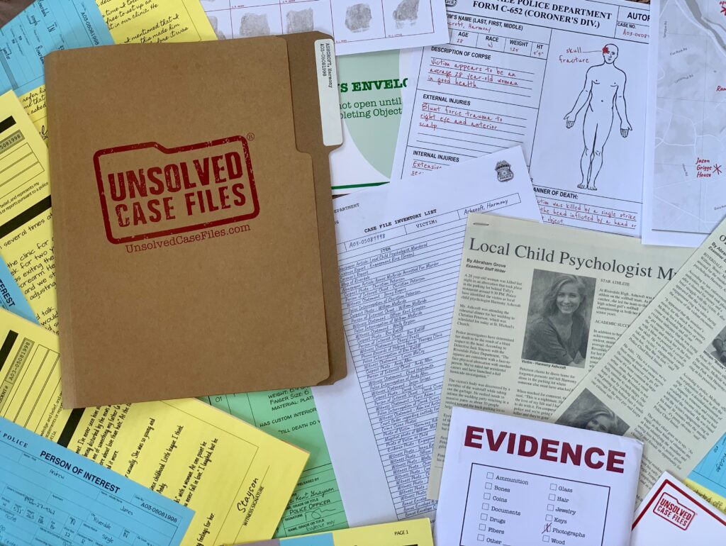 Papers from Unsolved Case File game. Try a virtual escape room or murder mystery kit to get the whole clan working together to hunt down clues and solve puzzles. These immersive games are especially fun for older kids and teenagers.