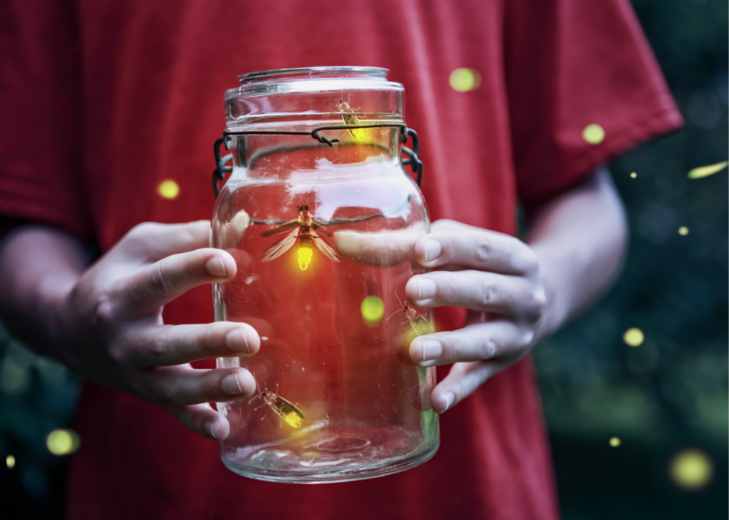 Close-up image of boy holding jar of fire-flies. Head outside with a net and jar and see if you can capture these tricky little lightning bugs. Take a second to admire their glow up close and then set them free again. - Safe Summer Bucket List – 100 Ways to Have Fun This Summer While Social Distancing